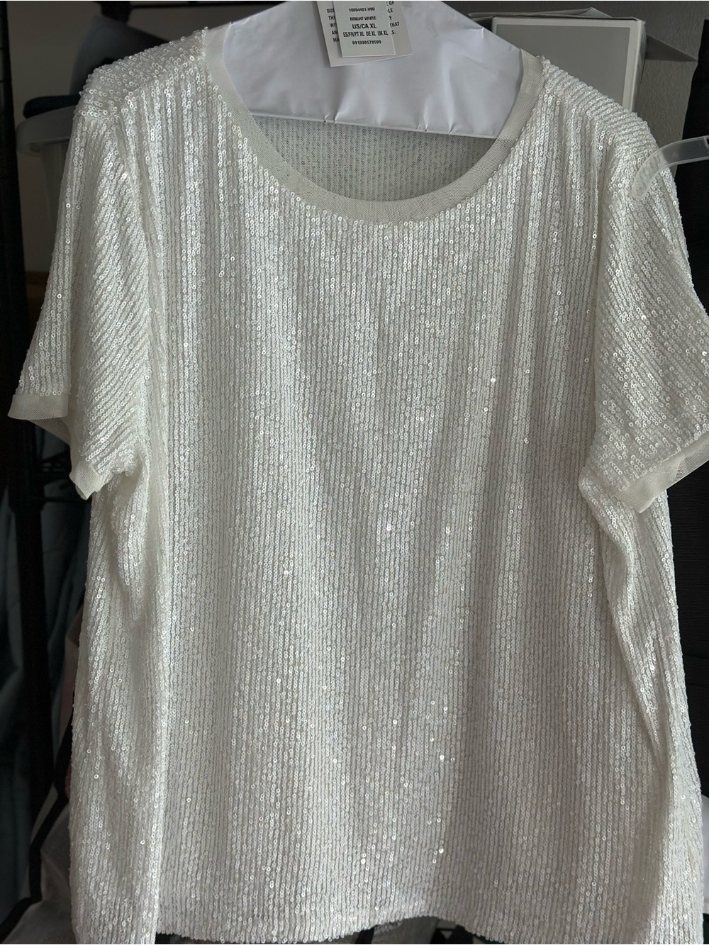 Anne Klein White Sequin Short-Sleeve Crewneck Top